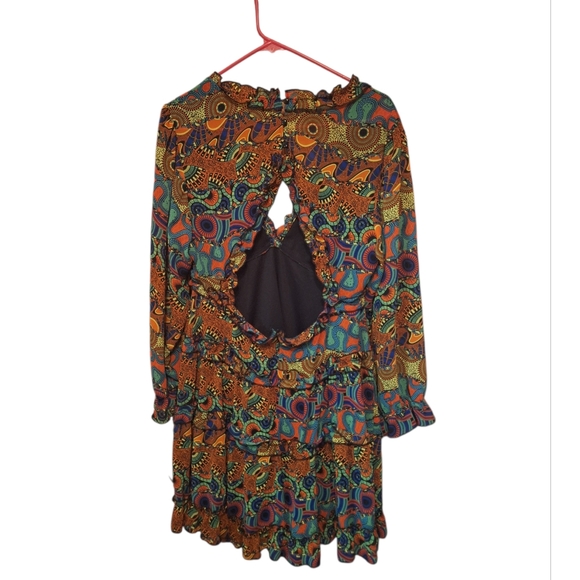 it's Multicolored Tiered Short Dress Long Sleeves Ladies Large Exotic Backless - Picture 2 of 5